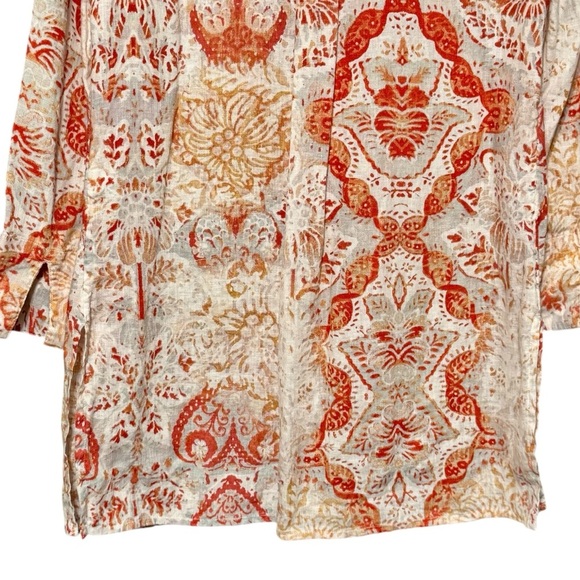 Chico’s 100% Linen Button Down Front Split 3/4 Sleeve Collared Orange Print Top - Picture 10 of 15